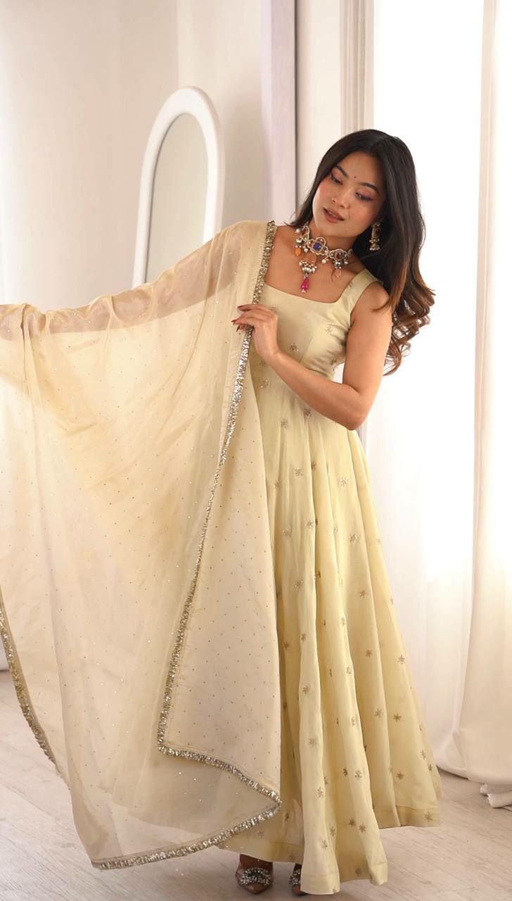 Cosmos Gold Anarkali Suit Set, Embroidered Flared Kurta with Pants, Indian Ethnic Outfit