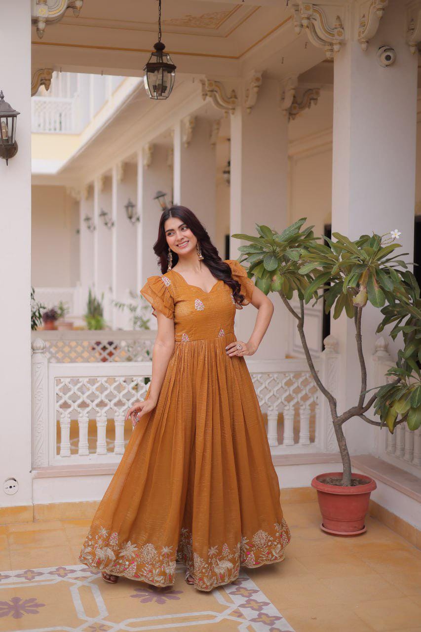 Silver Embroidered Gown, Frill Sleeve Ethnic Party Dress, Flared Anarkali Gown