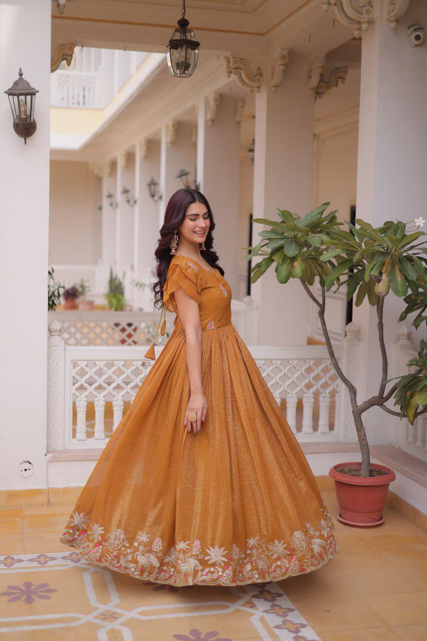 Silver Embroidered Gown, Frill Sleeve Ethnic Party Dress, Flared Anarkali Gown