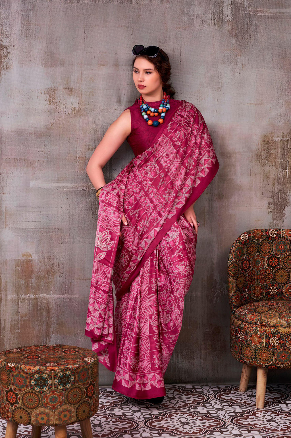 Satin Silk Printed Saree with Unstitched Blouse, Elegant Indian Festive Wear