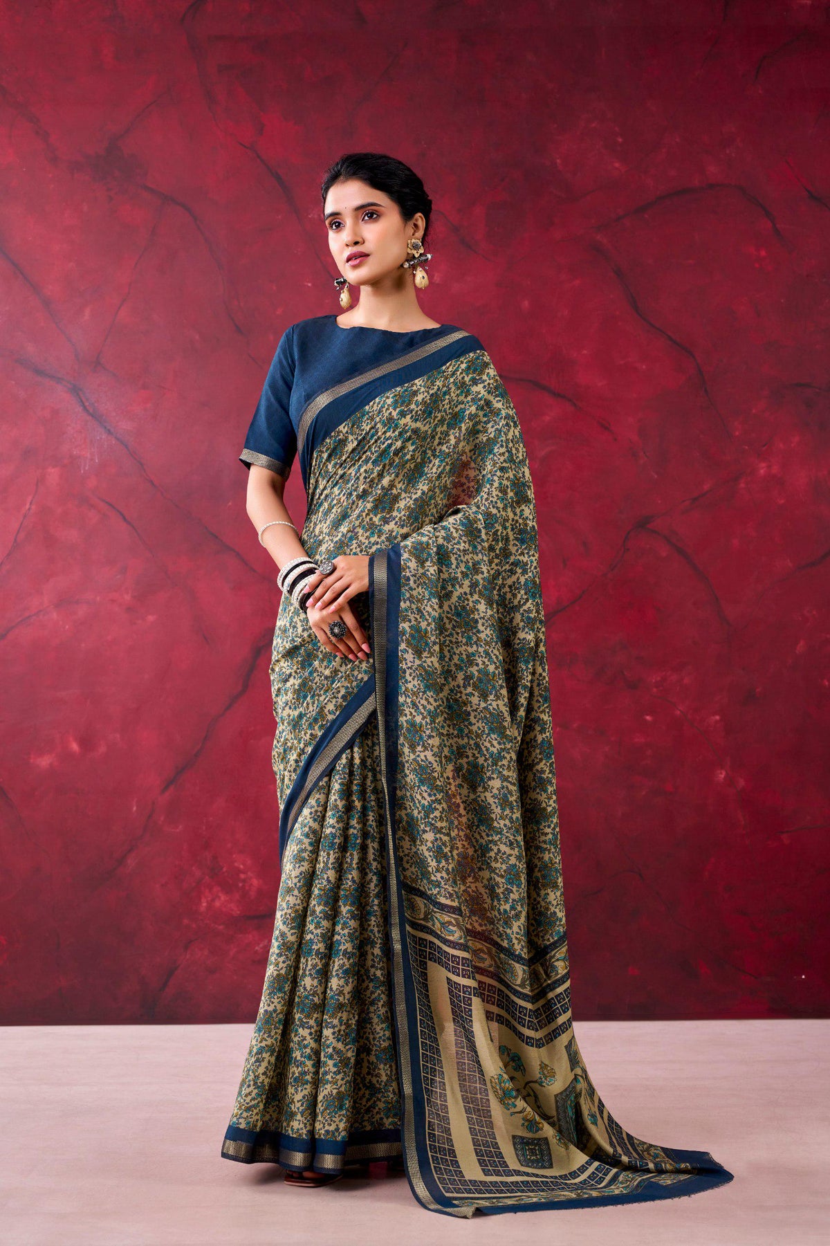 Polyester Viscose Chanderi Saree, Zari Weaving Print, Traditional Indian Party Wear (Unstitched Blouse)