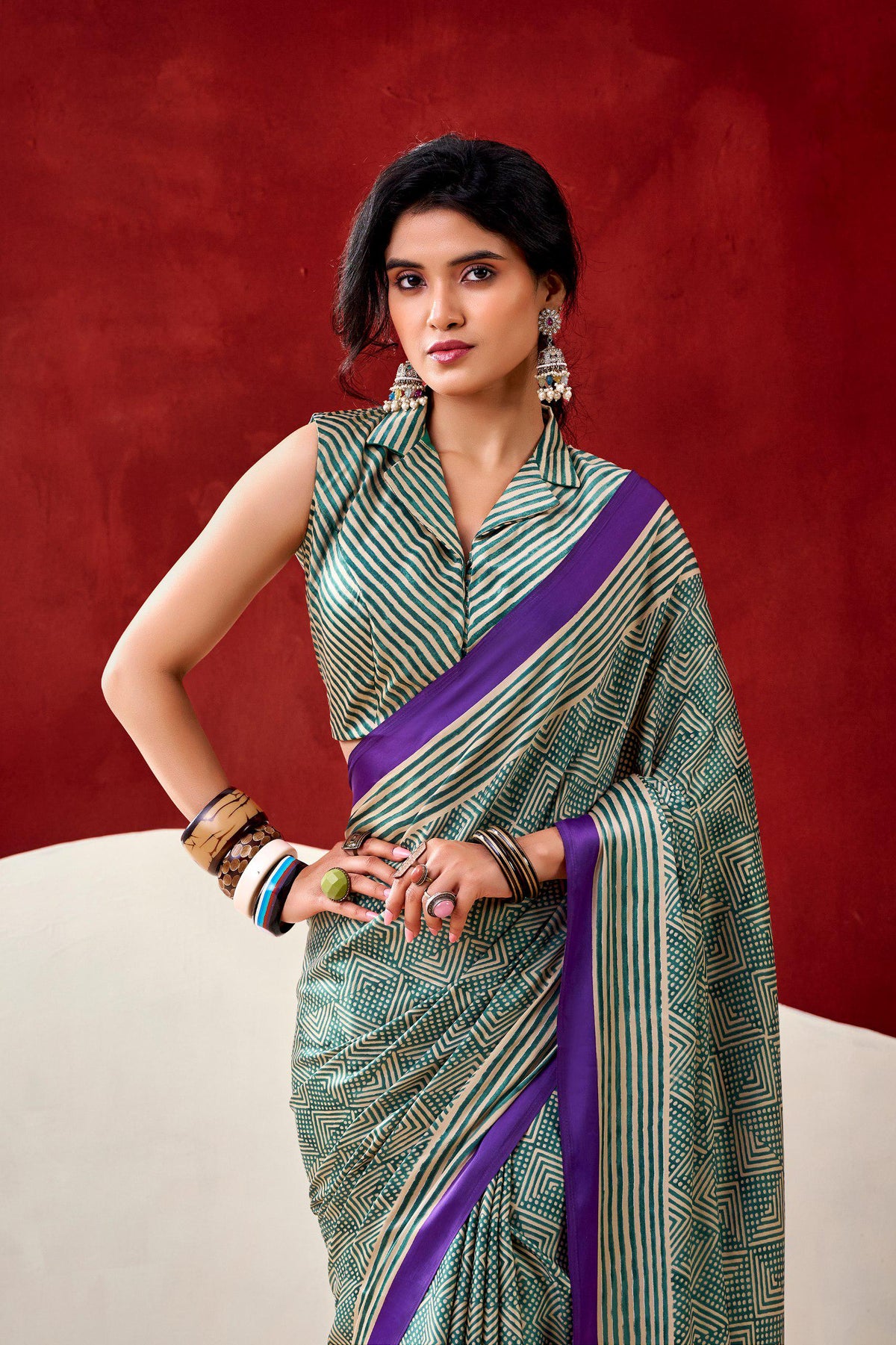 Dull Satin Printed Saree with Unstitched Blouse, Festive Party Wear Indian Saree