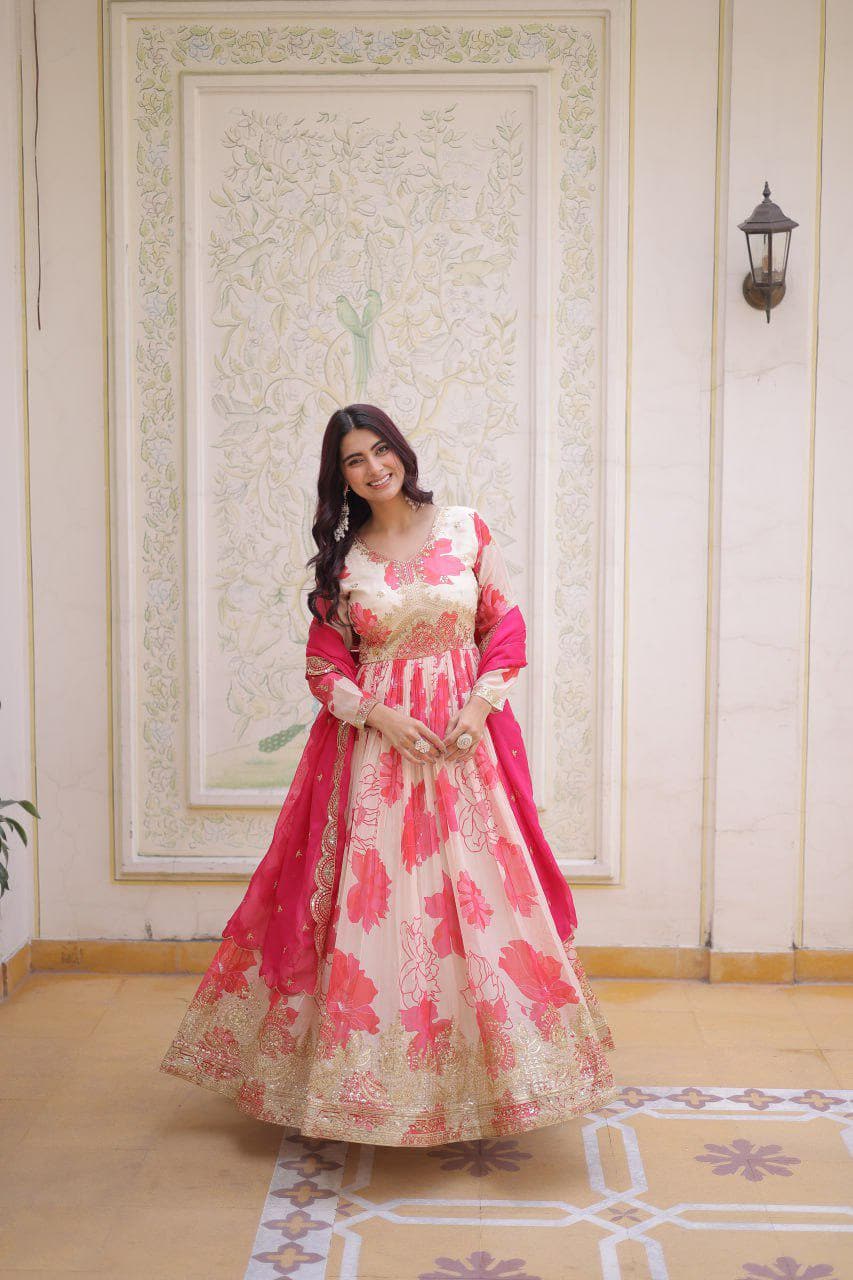 Russian Silk Anarkali Gown, Digital Print, Zari Sequins Embroidery, Flared Ethnic Dress