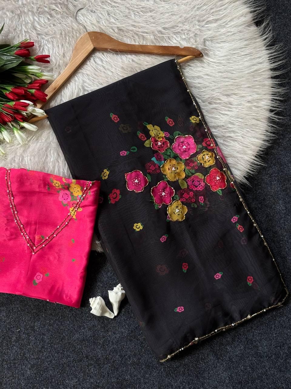 Floral Print Tabi Saree with Cut Dana Handwork, Summer Party Wear Chinon Blouse