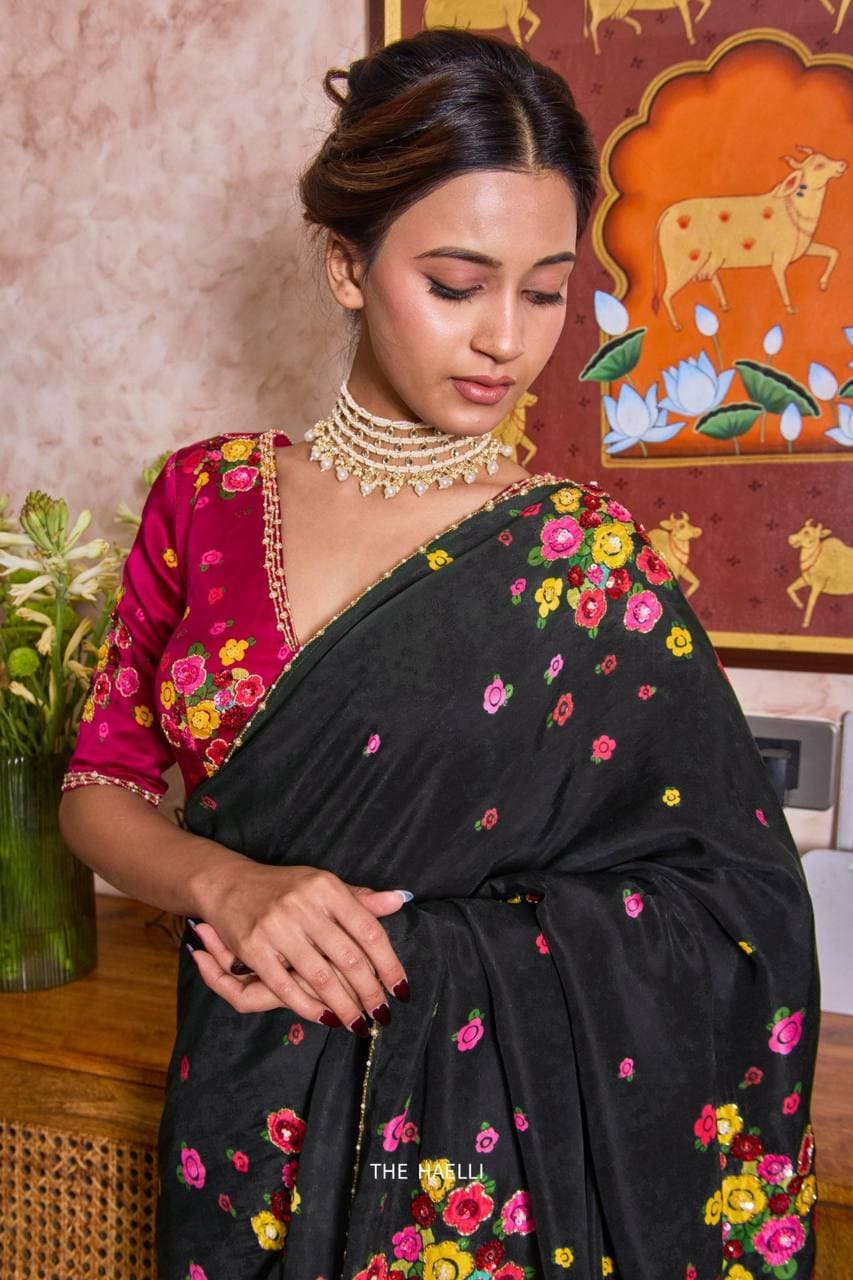 Floral Print Tabi Saree with Cut Dana Handwork, Summer Party Wear Chinon Blouse