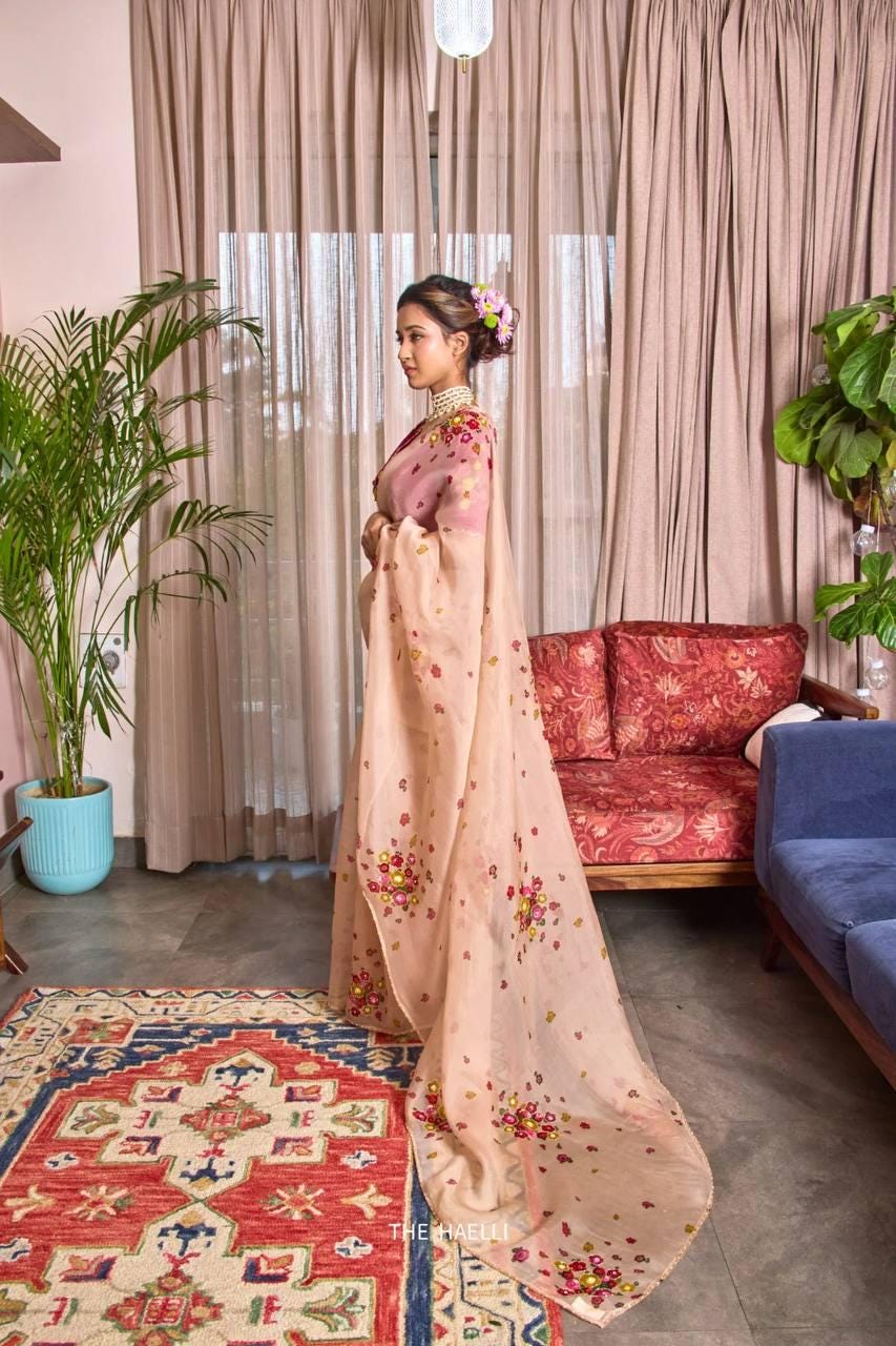 Soft Tabi Floral Print Saree with Cut Dana Handwork, Summer Party Wear Chinon Blouse