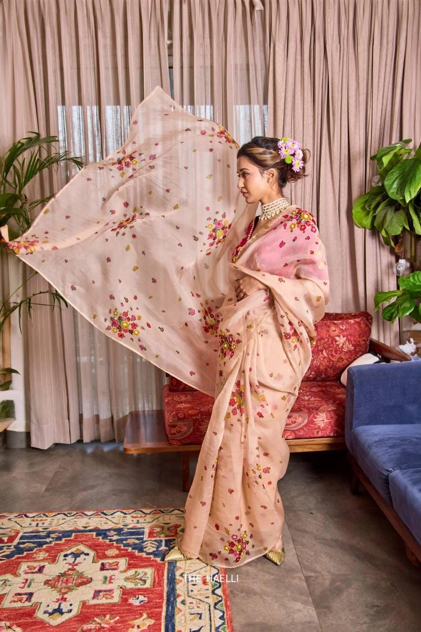 Soft Tabi Floral Print Saree with Cut Dana Handwork, Summer Party Wear Chinon Blouse
