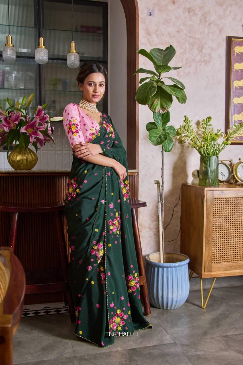 Floral Print Tabi Saree with Cut Dana Handwork, Chinon Blouse, Summer Party Wear