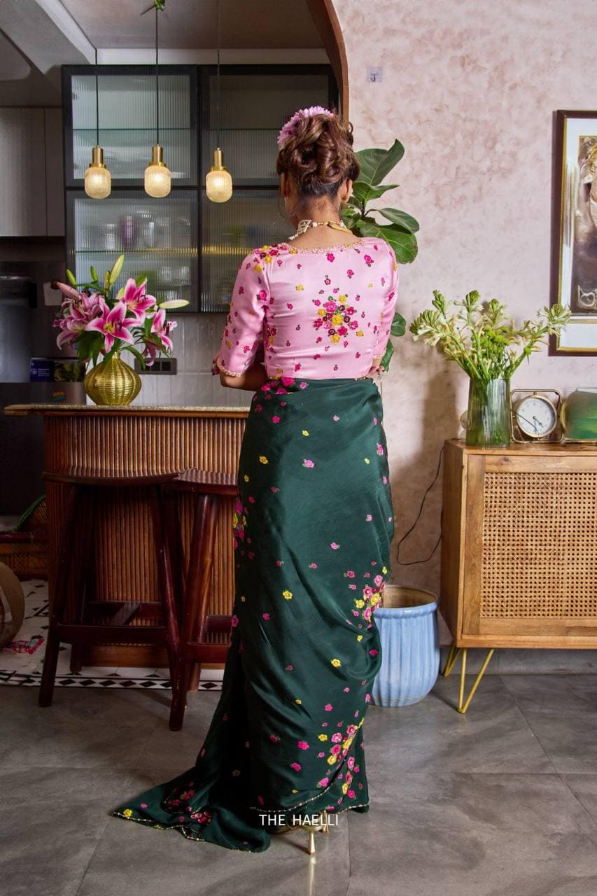 Floral Print Tabi Saree with Cut Dana Handwork, Chinon Blouse, Summer Party Wear