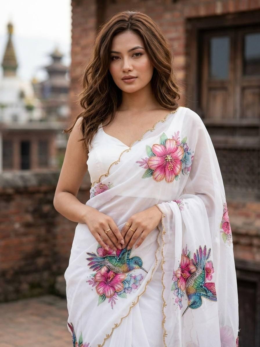 Floral Sparrow Print Soft Tabby Silk Saree, Khatli Cut Dana Handwork, Jalpari Blouse