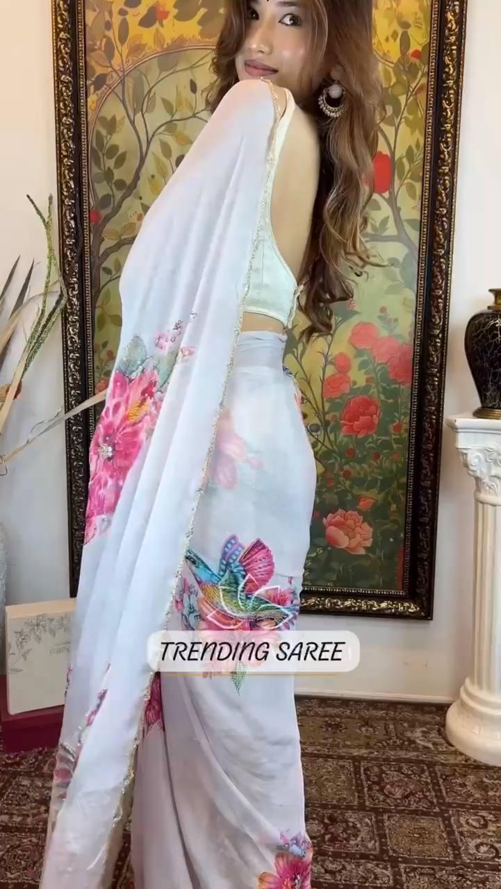 Floral Sparrow Print Soft Tabby Silk Saree, Khatli Cut Dana Handwork, Jalpari Blouse