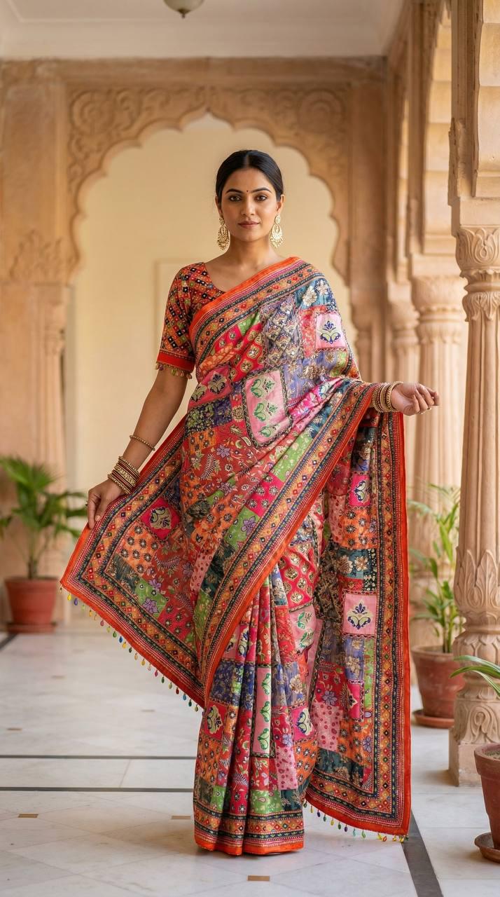 Ajrakh Print Roman Silk Saree, Real Mirror Work, Designer Ethnic Party Wear Blouse