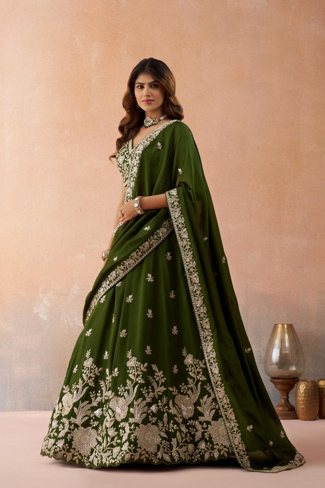 Olive Tissue Lehenga Choli Set, Sequins Zari Embroidery, Bridal Party Wear