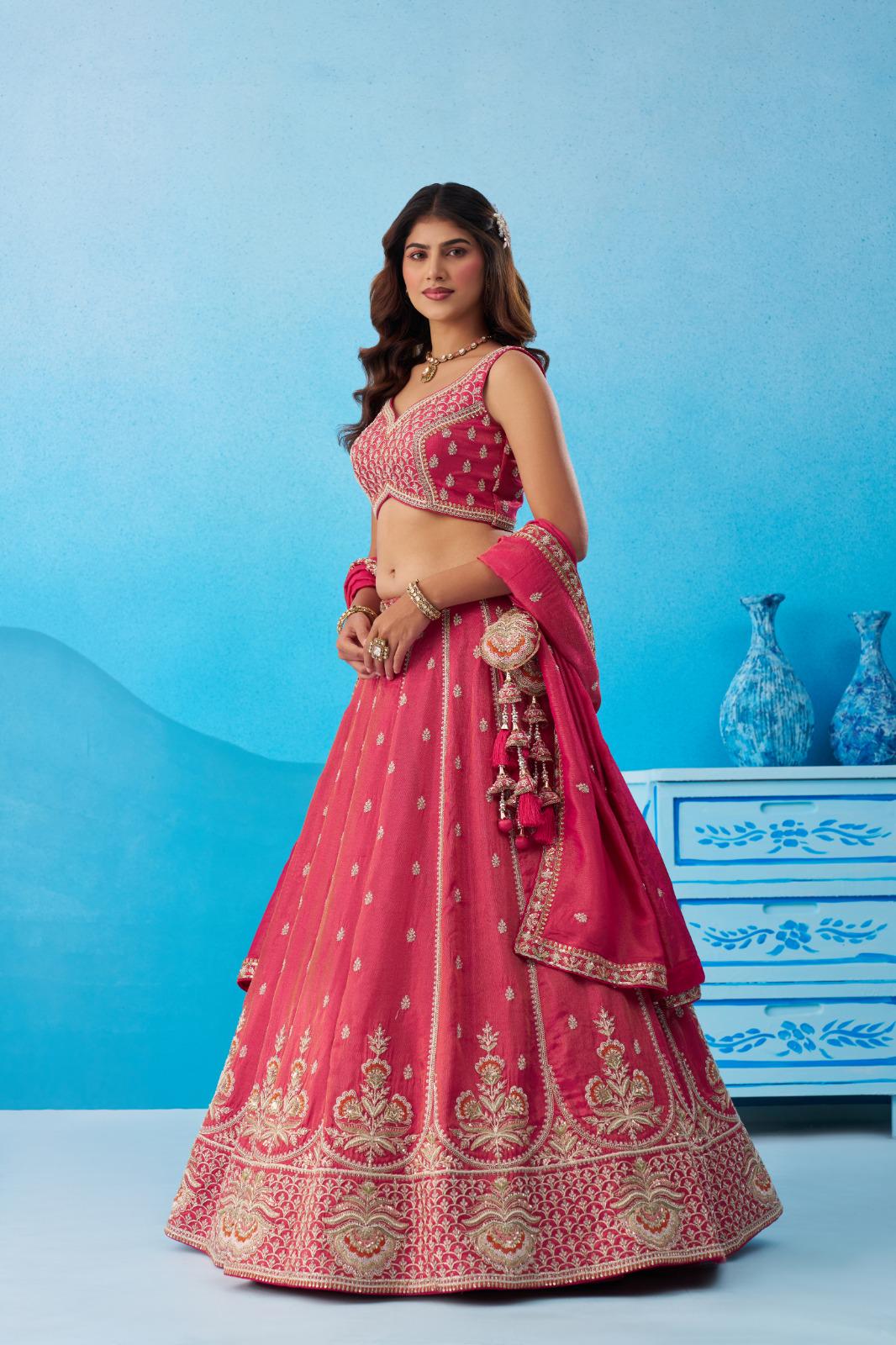 Teal Tissue Lehenga Choli Set, Beads Sequins Embroidery, Indian Wedding Outfit
