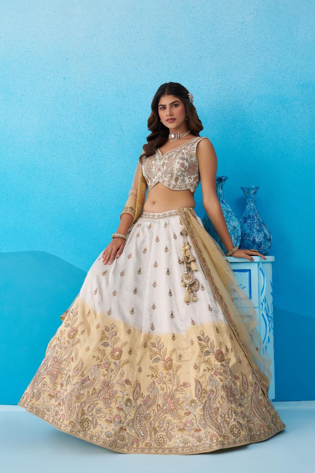 Ombre Beige Cream Tissue Lehenga Choli, Sequins Embroidered Indian Wedding Outfit