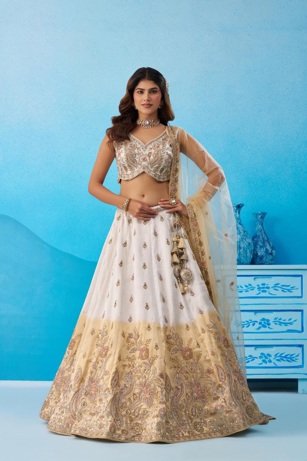 Ombre Beige Cream Tissue Lehenga Choli, Sequins Embroidered Indian Wedding Outfit