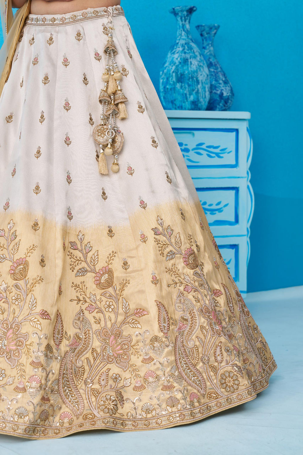 Ombre Beige Cream Tissue Lehenga Choli, Sequins Embroidered Indian Wedding Outfit