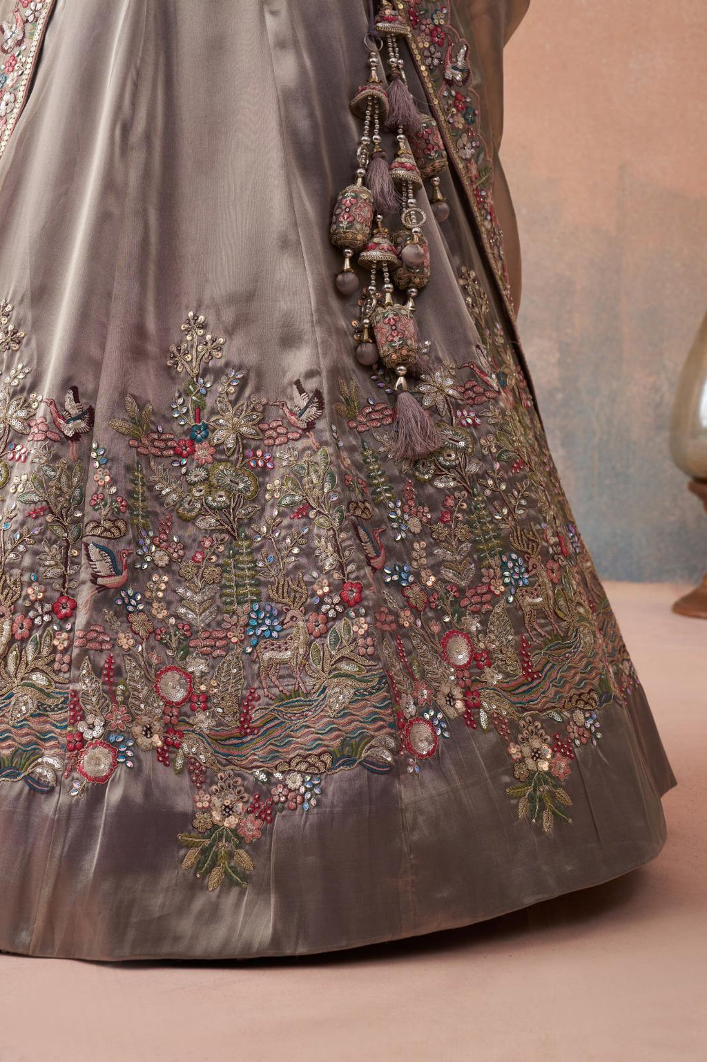 Beige Tissue Lehenga Choli, Heavy Sequins Zarkan Embroidery, Bridal Wedding Festive Set