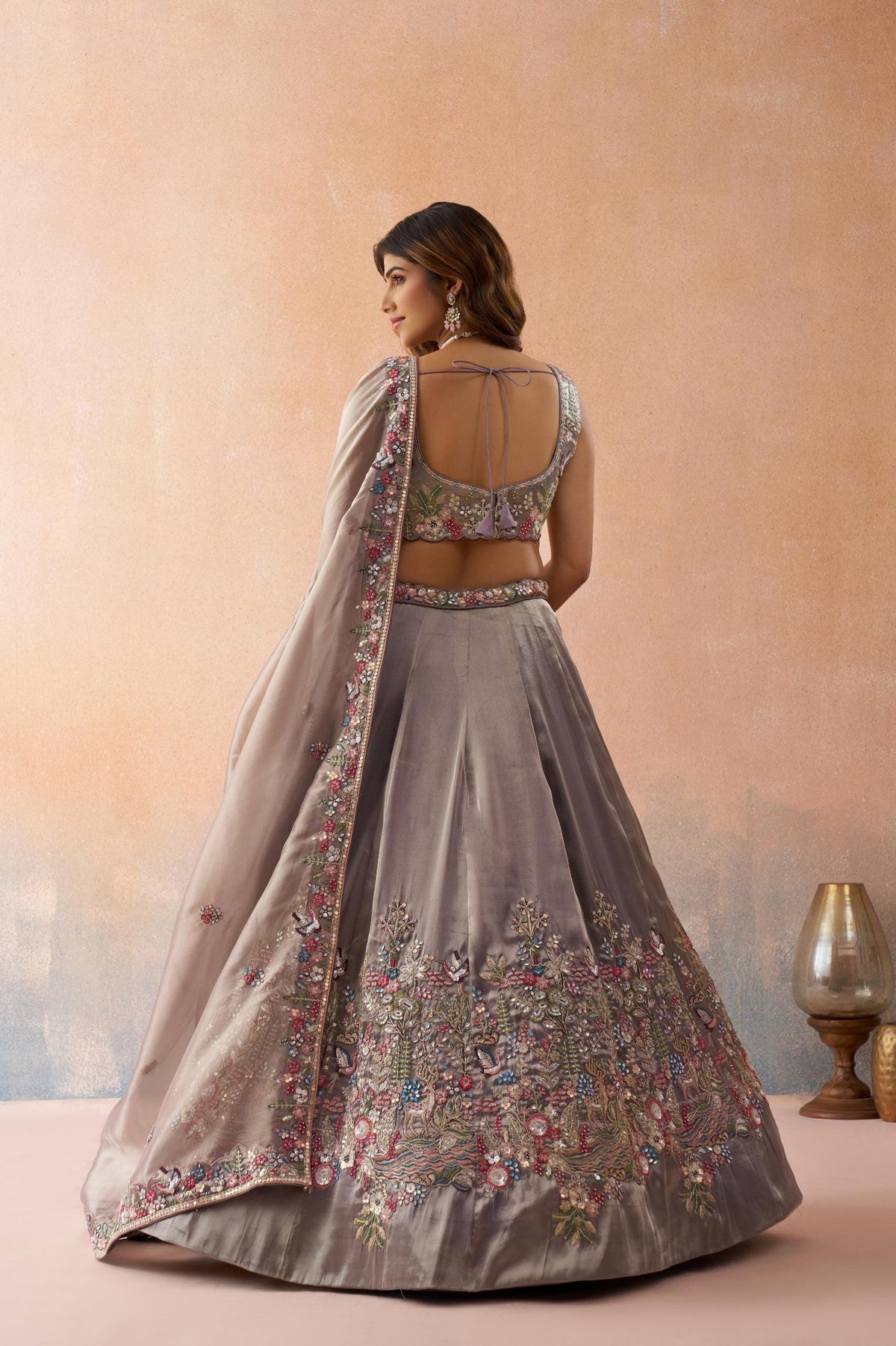 Beige Tissue Lehenga Choli, Heavy Sequins Zarkan Embroidery, Bridal Wedding Festive Set