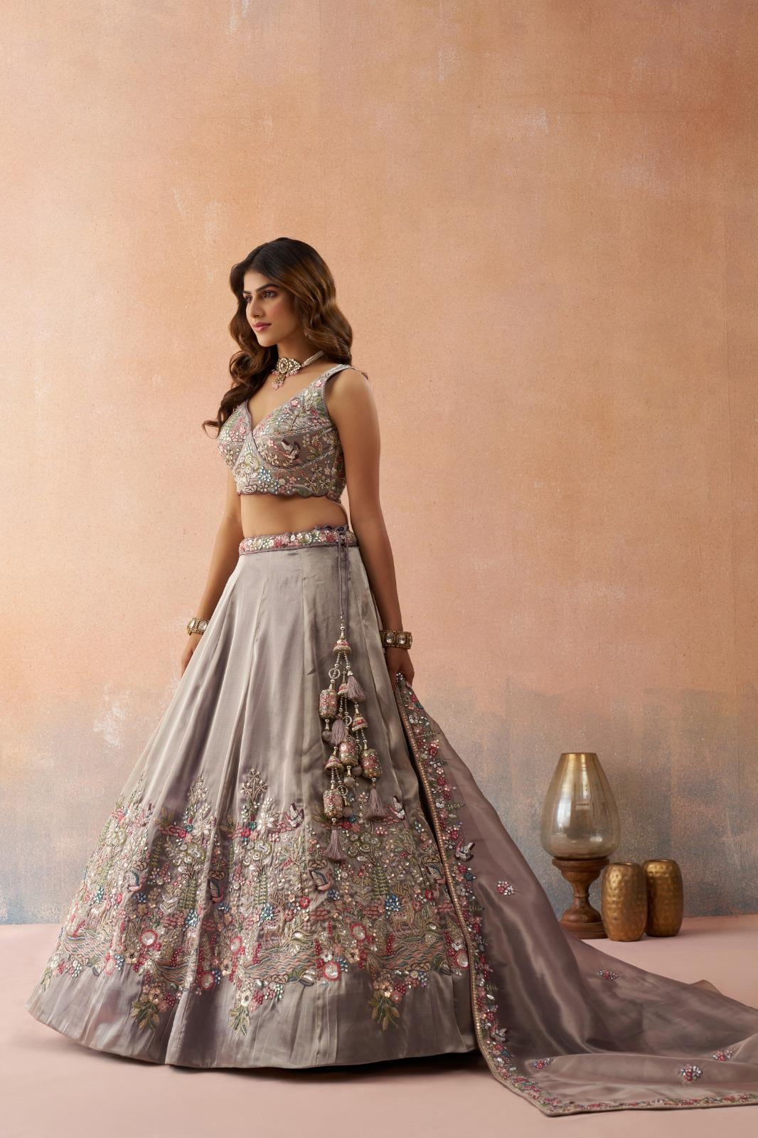 Beige Tissue Lehenga Choli, Heavy Sequins Zarkan Embroidery, Bridal Wedding Festive Set