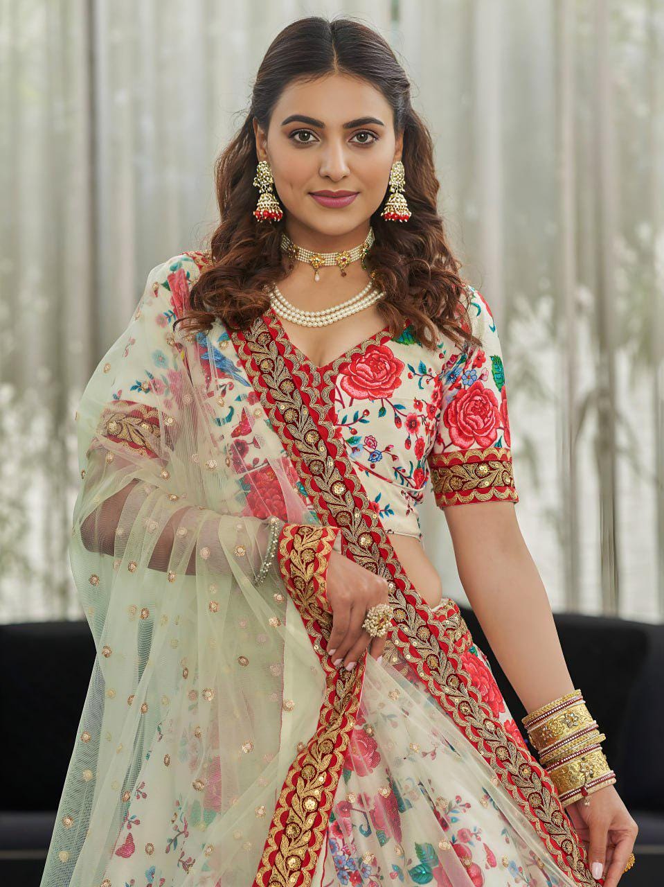 Ivory Floral Art Silk Lehenga Choli with Net Dupatta, Dori Zari Sequins Embroidery