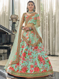 Mint Green Floral Art Silk Lehenga Choli Set, Dori Zari Sequins Embroidered Dupatta