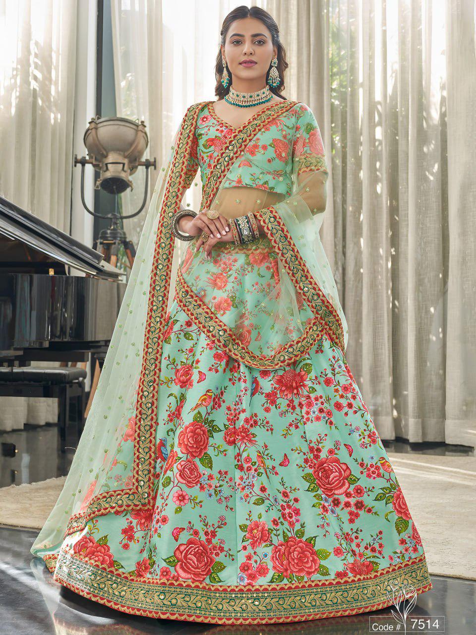Mint Green Floral Art Silk Lehenga Choli Set, Dori Zari Sequins Embroidered Dupatta
