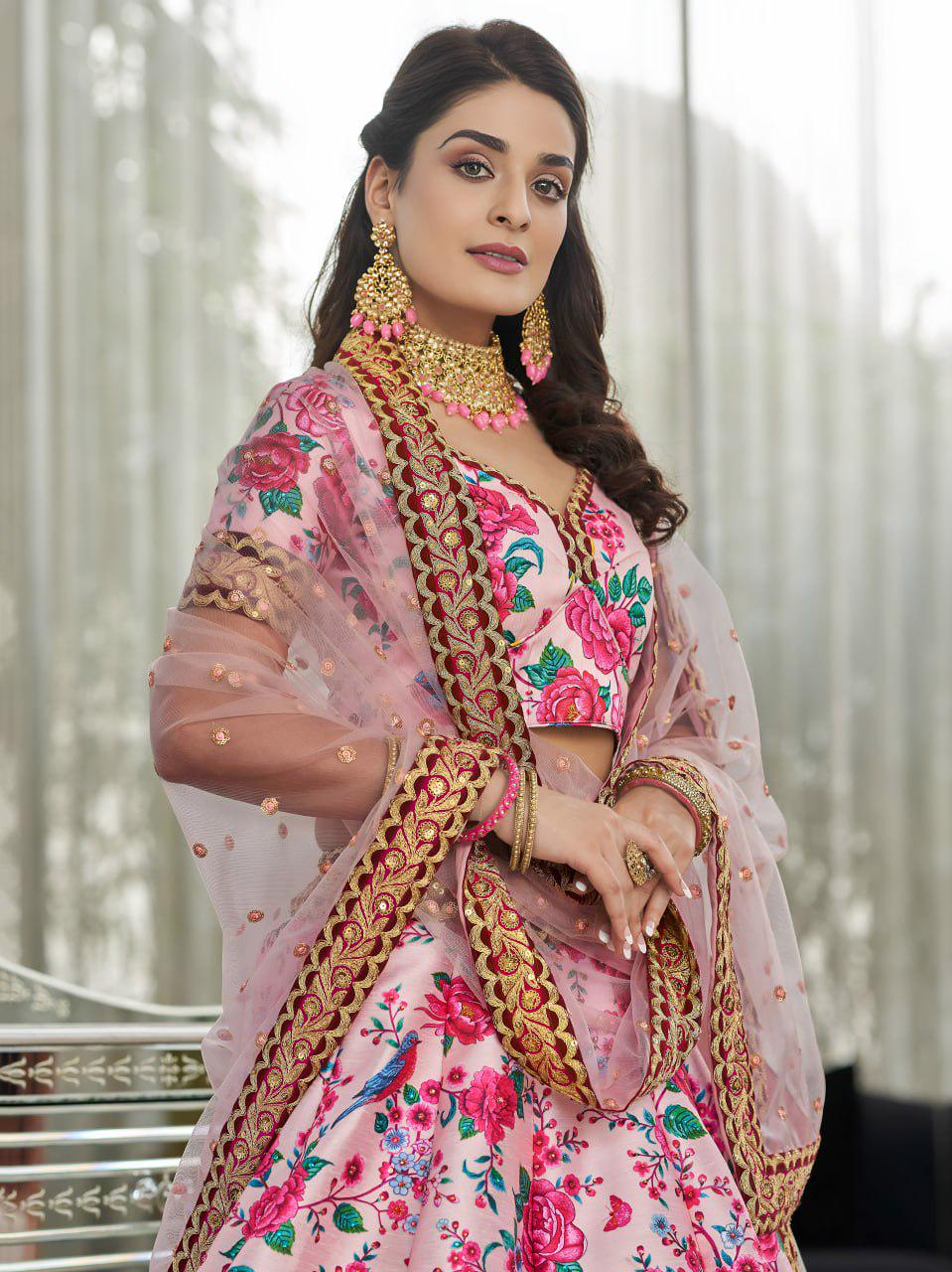 Blush Pink Floral Art Silk Lehenga Choli Set, Dori Zari Sequins Embroidery Net Dupatta