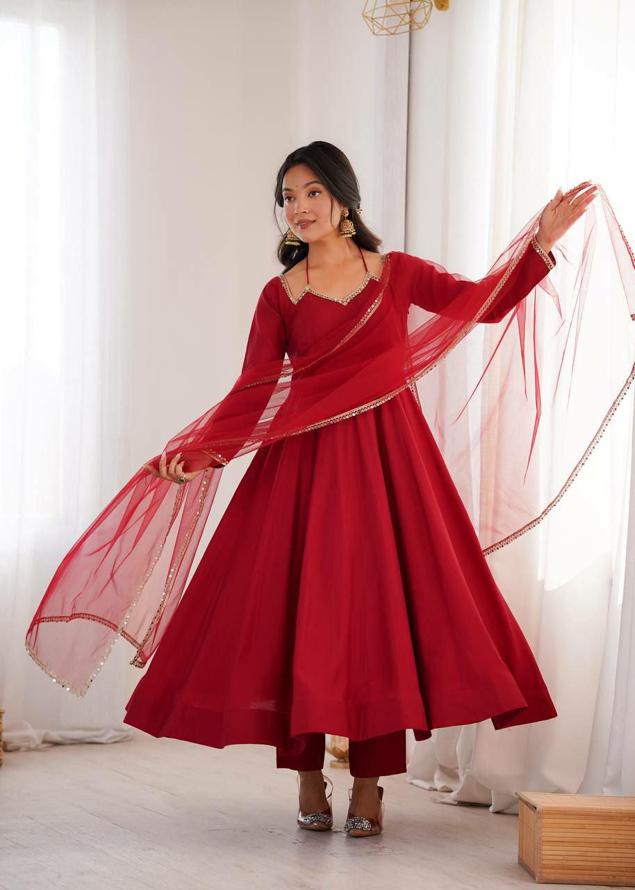 Roman Silk Chanderi Anarkali Suit Set with Net Dupatta, Designer Indian Wedding Outfit