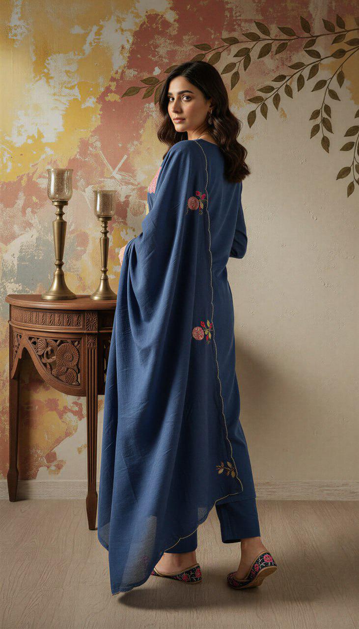 Embroidered Chanderi Silk Kurta Pant Set with Dupatta, Indian Ethnic Festive Wear