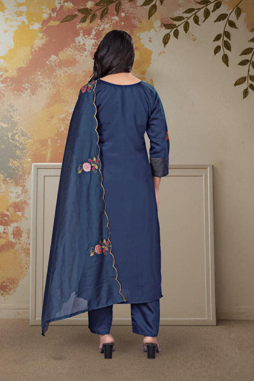 Embroidered Chanderi Silk Kurta Pant Set with Dupatta, Indian Ethnic Festive Wear