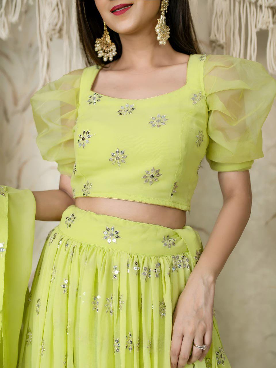 Lime Green Georgette Lehenga Choli, Sequins Zari Embroidery, Puff Sleeve Blouse