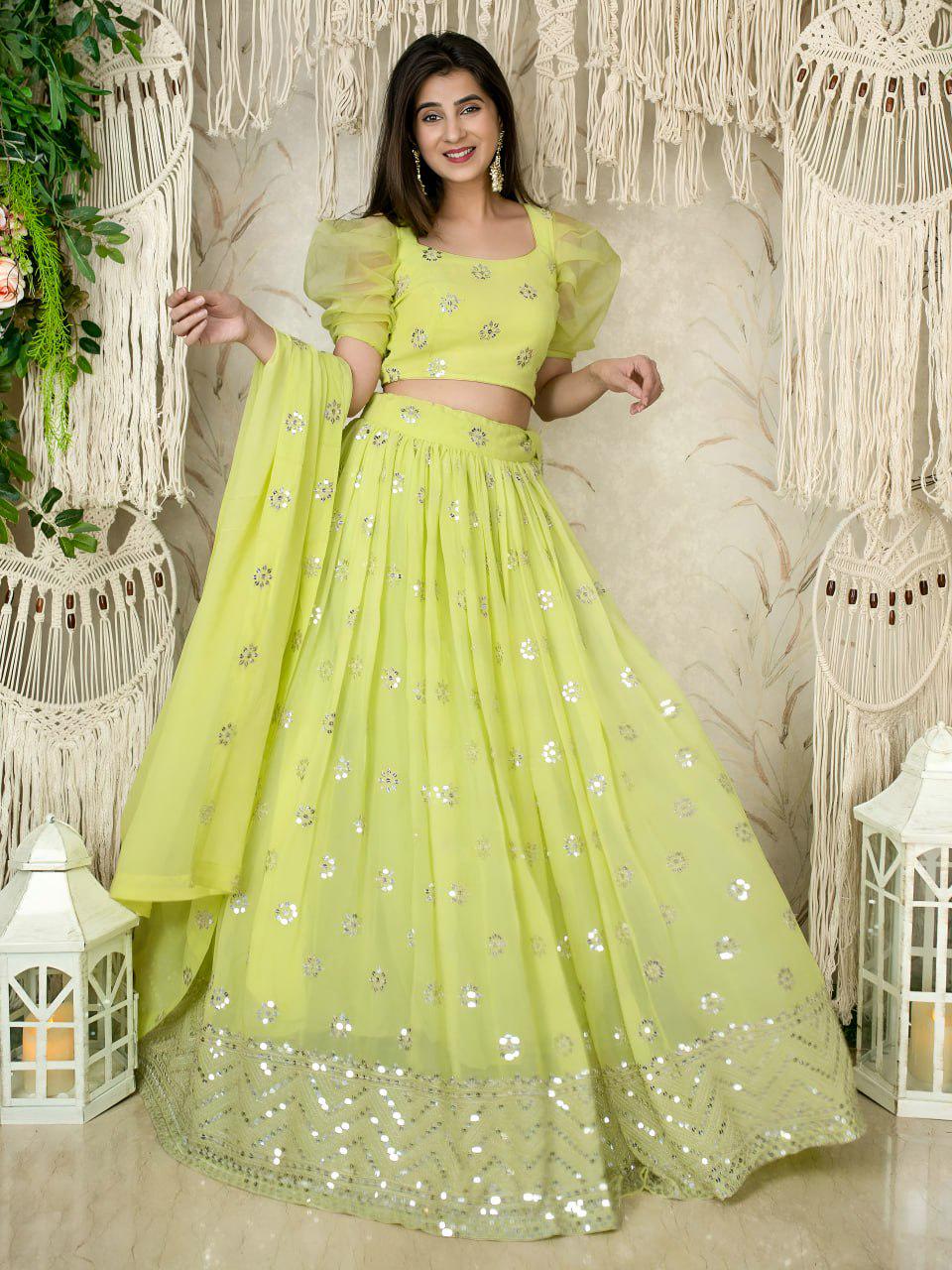 Lime Green Georgette Lehenga Choli, Sequins Zari Embroidery, Puff Sleeve Blouse