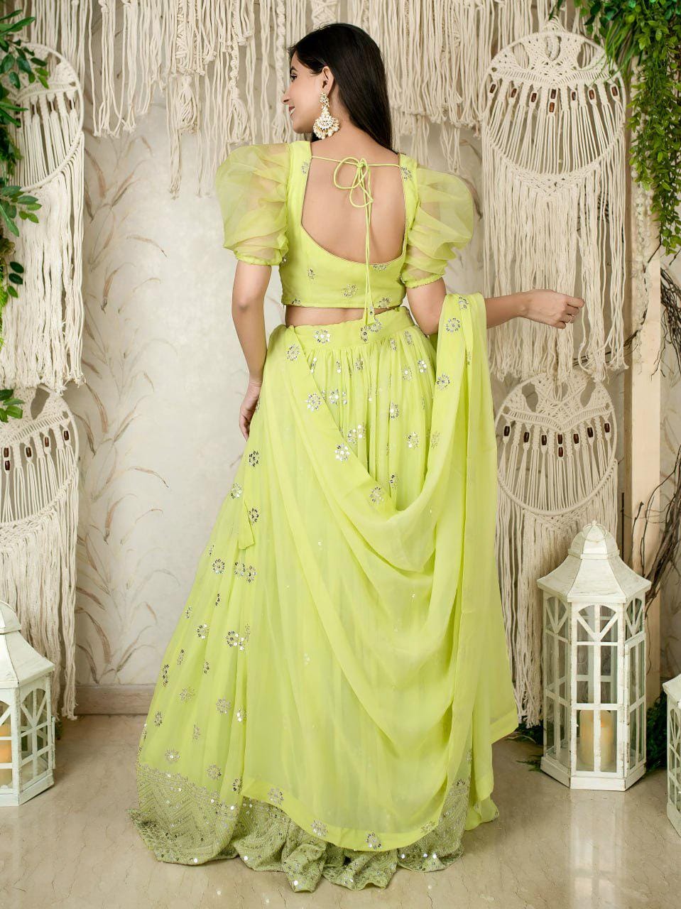 Lime Green Georgette Lehenga Choli, Sequins Zari Embroidery, Puff Sleeve Blouse