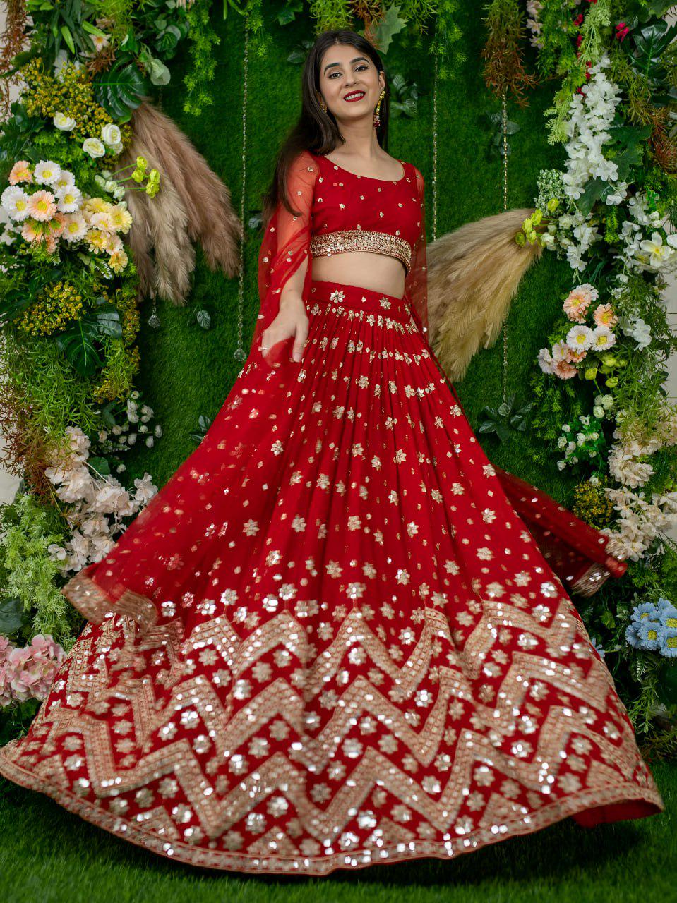 Red Georgette Lehenga Choli, Sequins Zari Embroidery, Net Blouse Dupatta, Semi Stitched Wedding Set
