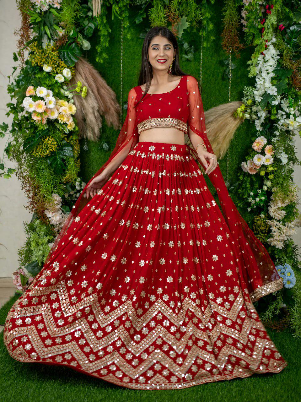 Red Georgette Lehenga Choli, Sequins Zari Embroidery, Net Blouse Dupatta, Semi Stitched Wedding Set