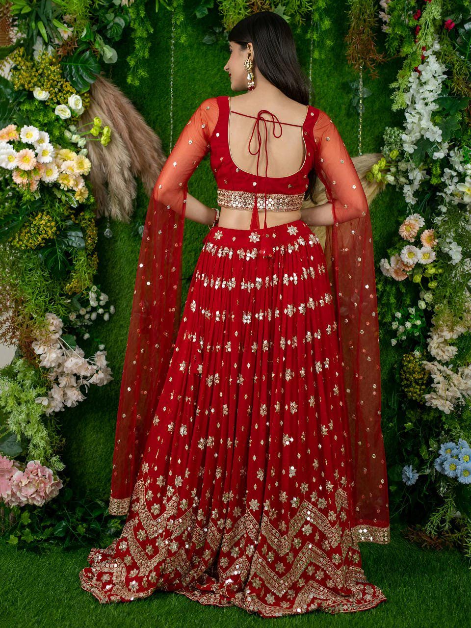 Red Georgette Lehenga Choli, Sequins Zari Embroidery, Net Blouse Dupatta, Semi Stitched Wedding Set