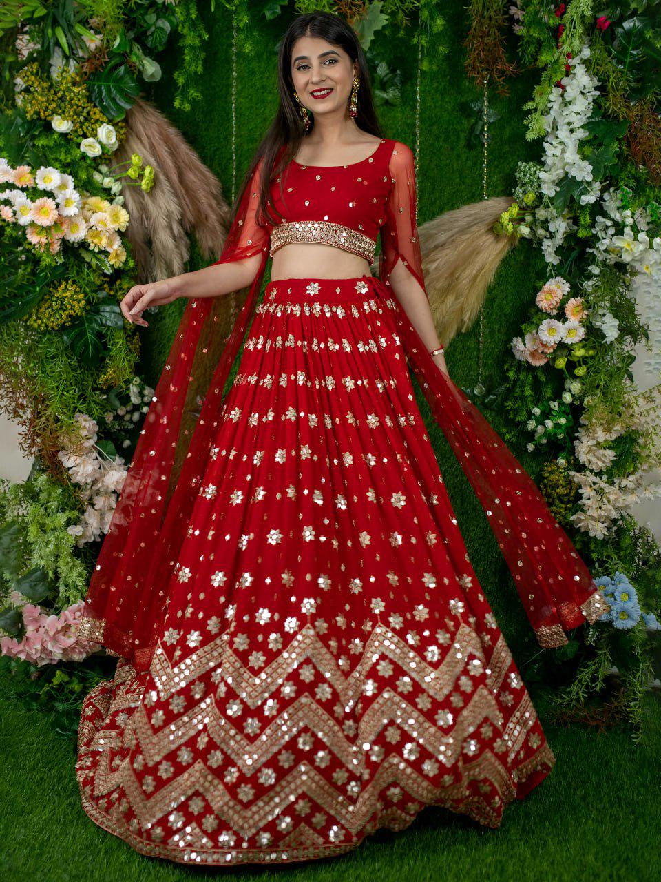 Red Georgette Lehenga Choli, Sequins Zari Embroidery, Net Blouse Dupatta, Semi Stitched Wedding Set