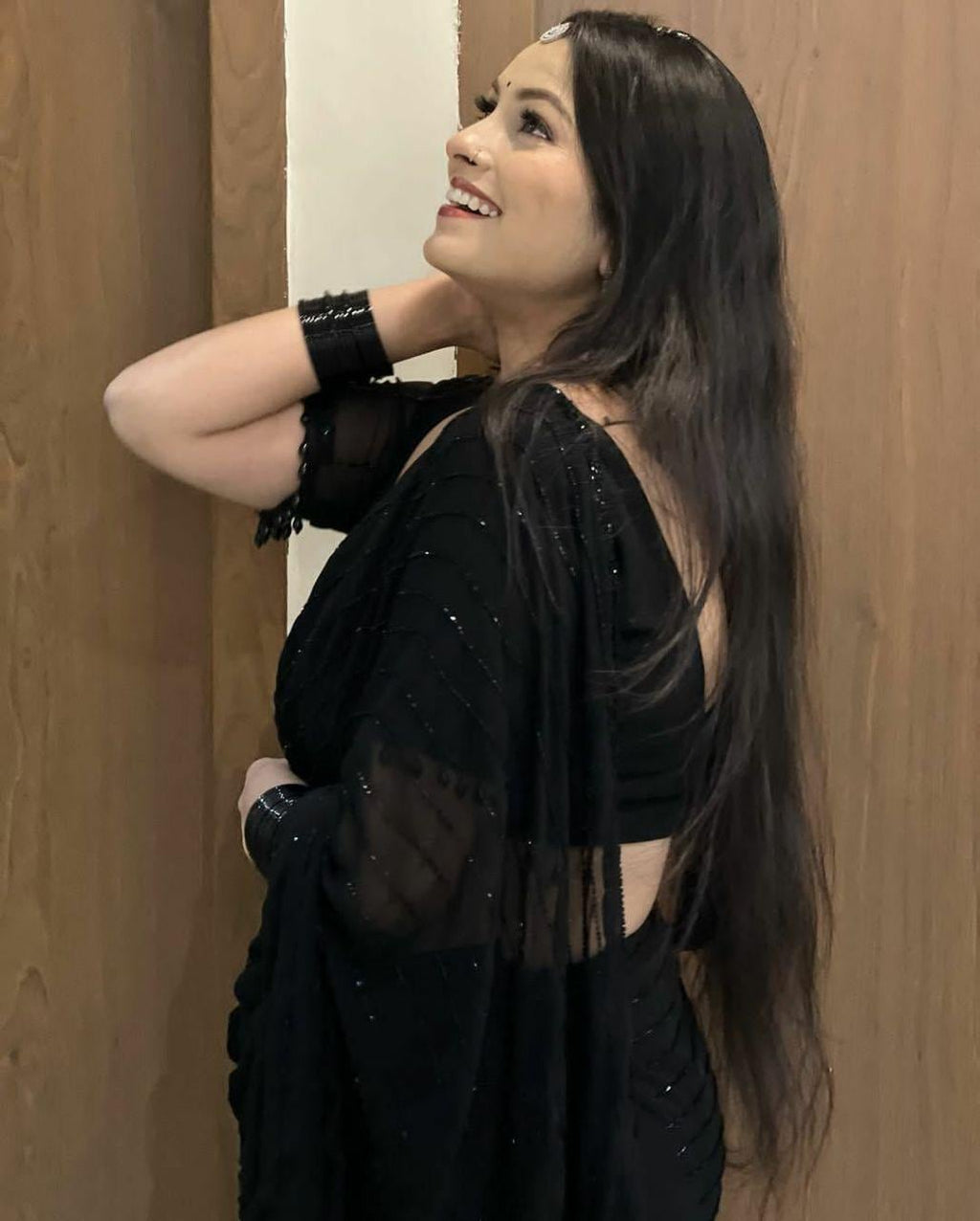 Black Crepe Saree, Printed Design, Party Wear, Festive Occasion, Unstitched Blouse