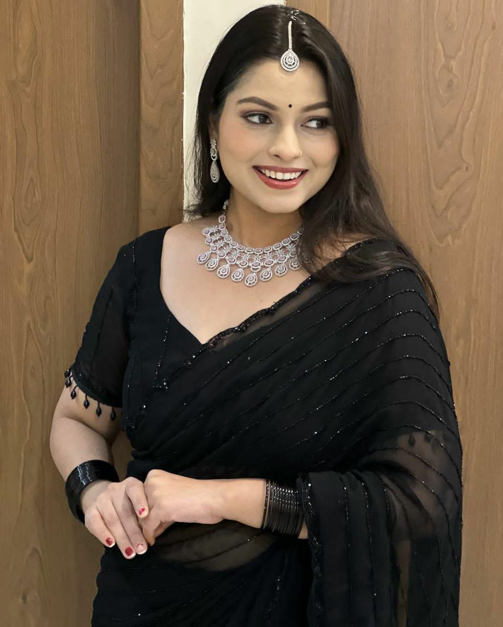 Black Crepe Saree, Printed Design, Party Wear, Festive Occasion, Unstitched Blouse