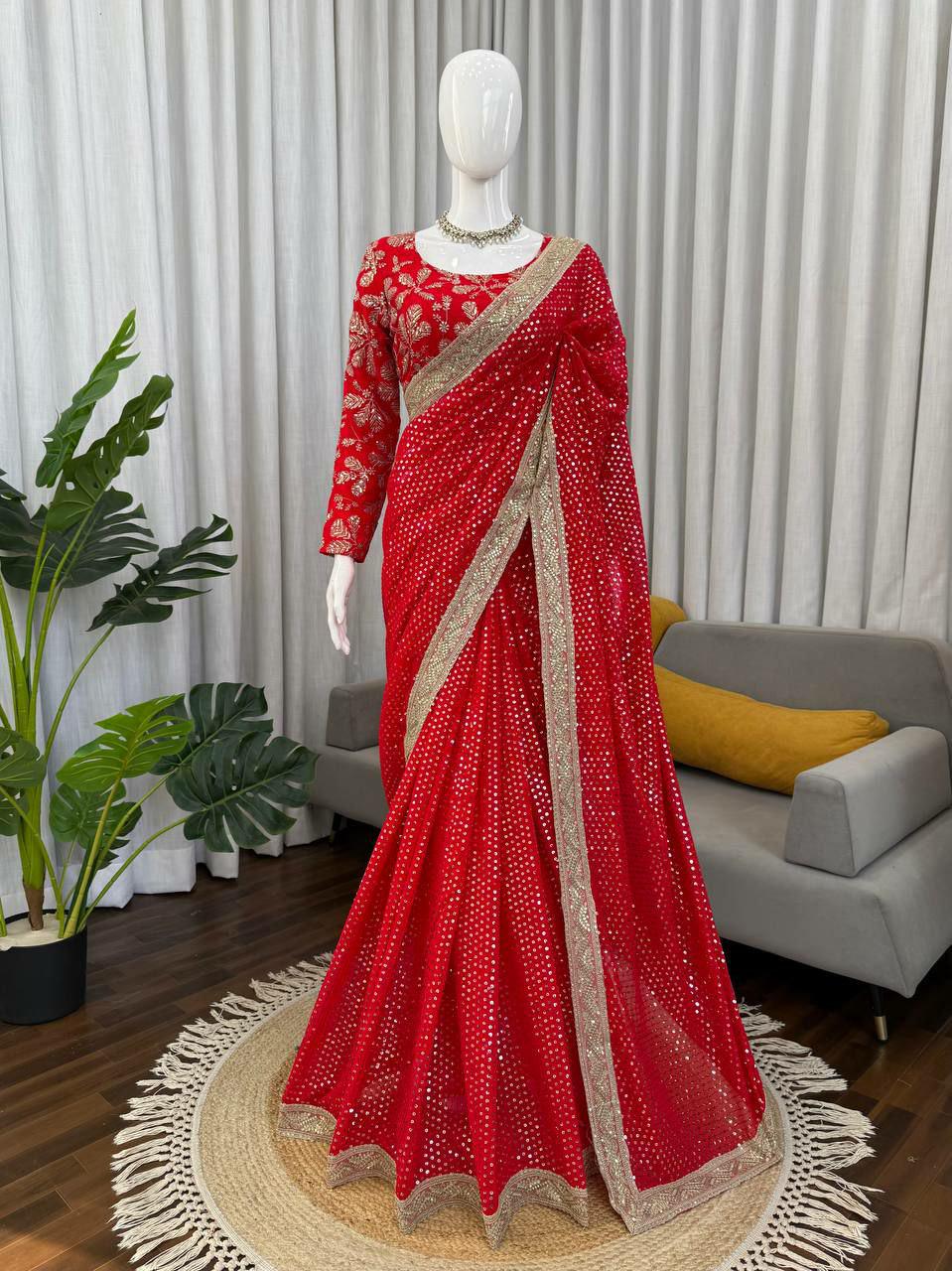 Red Faux Georgette Saree, Sequins Embroidery, Designer Party Wear, Wedding (Unstitched Blouse)