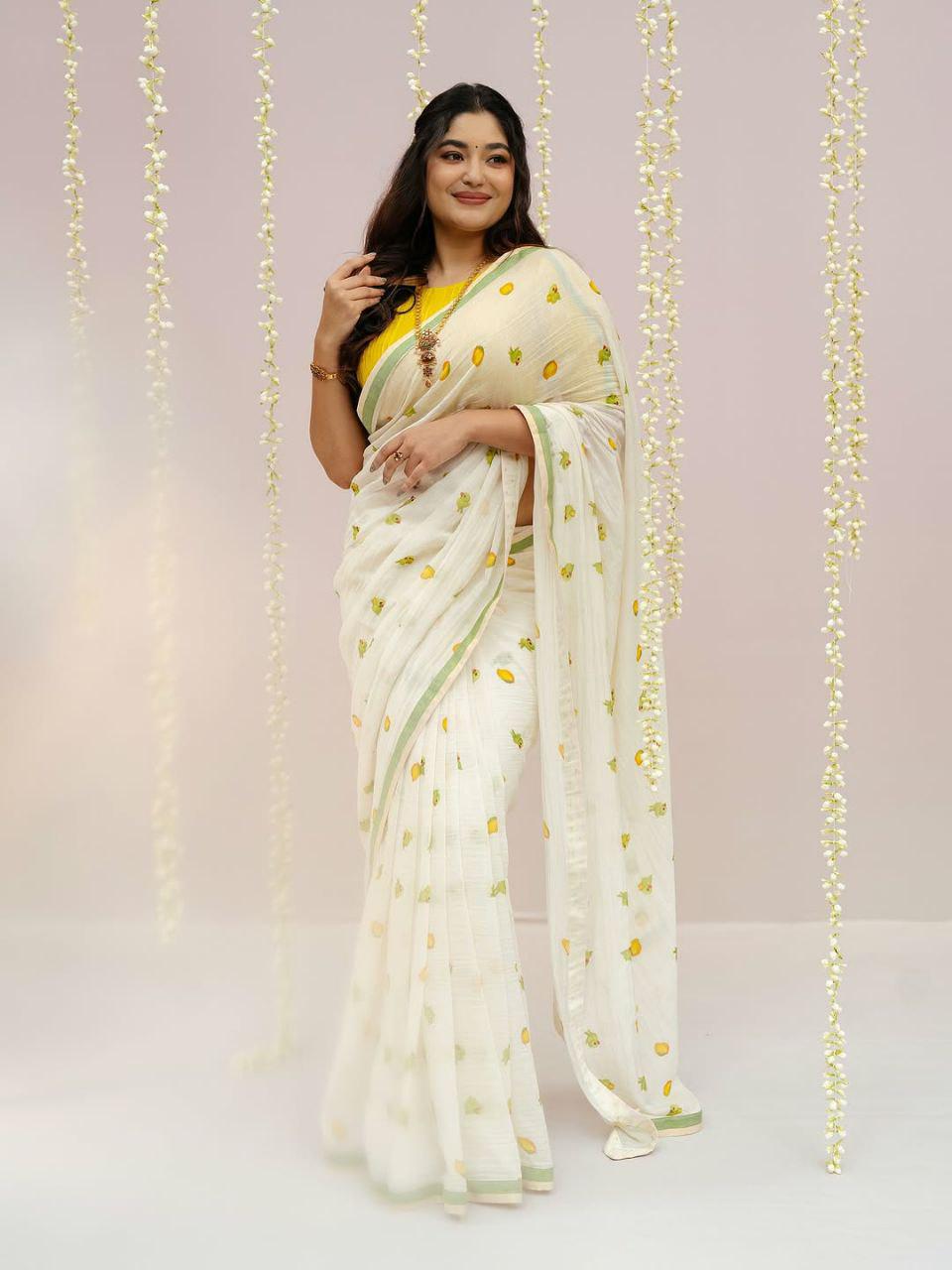 Linen Saree, Mango Parrot Digital Print, Festive Casual Indian Wear, Tassels, Blouse Piece