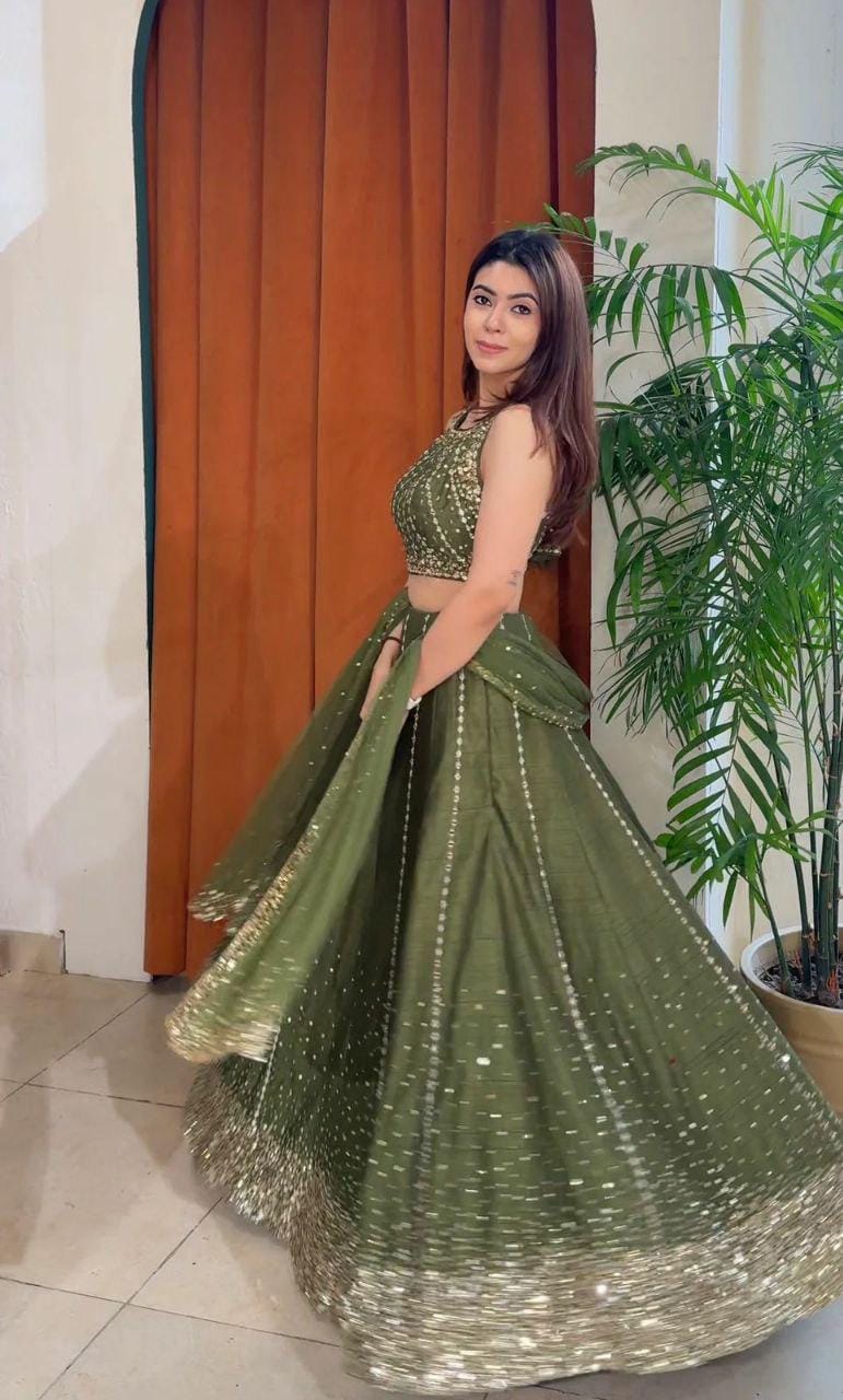Vichitra Silk Lehenga Choli, Zari Sequins Embroidery, Semi Stitched Wedding Set