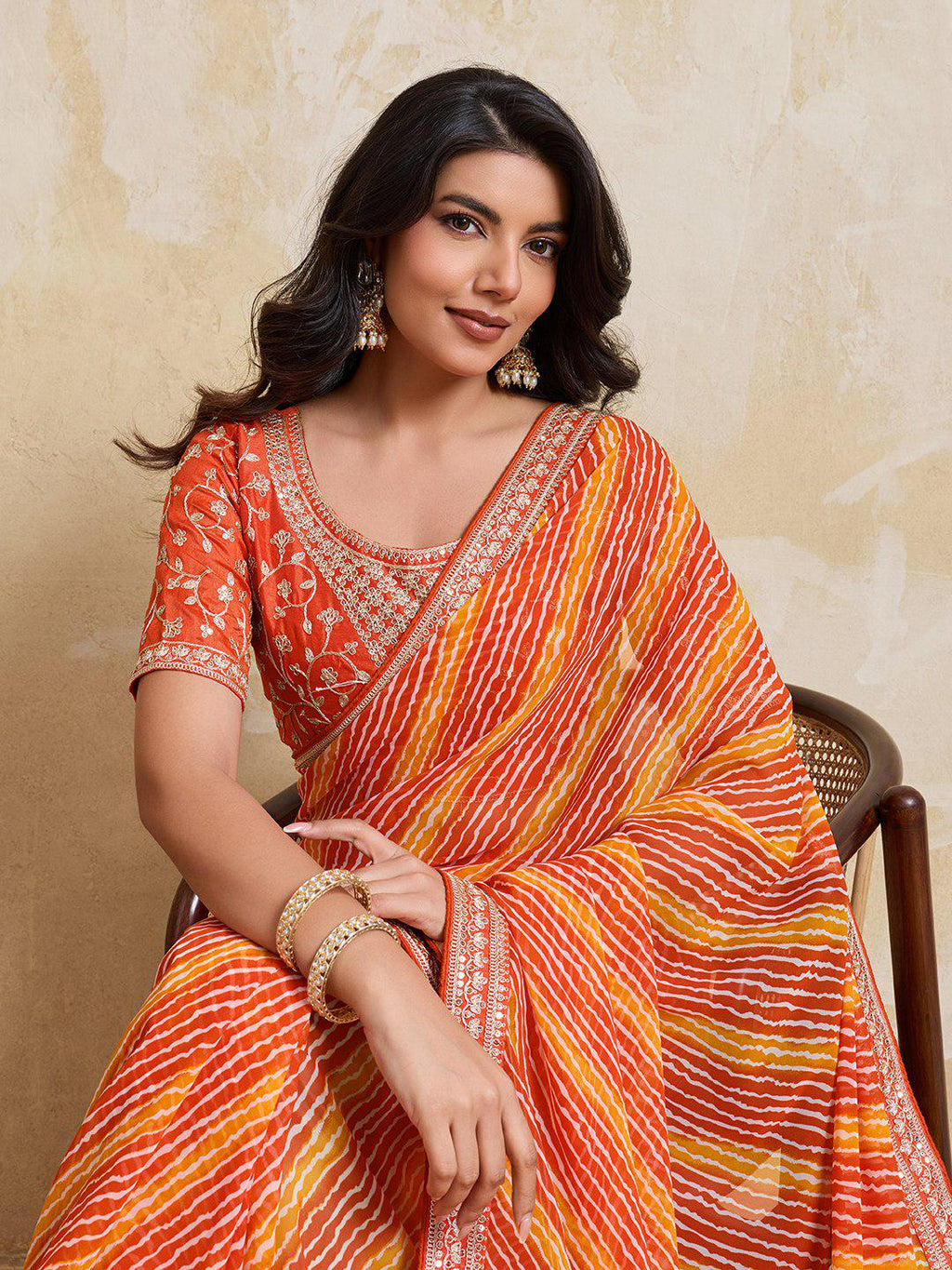 Georgette Bandhej Laheriya Saree with Embroidered Blouse, Festive Wedding Wear