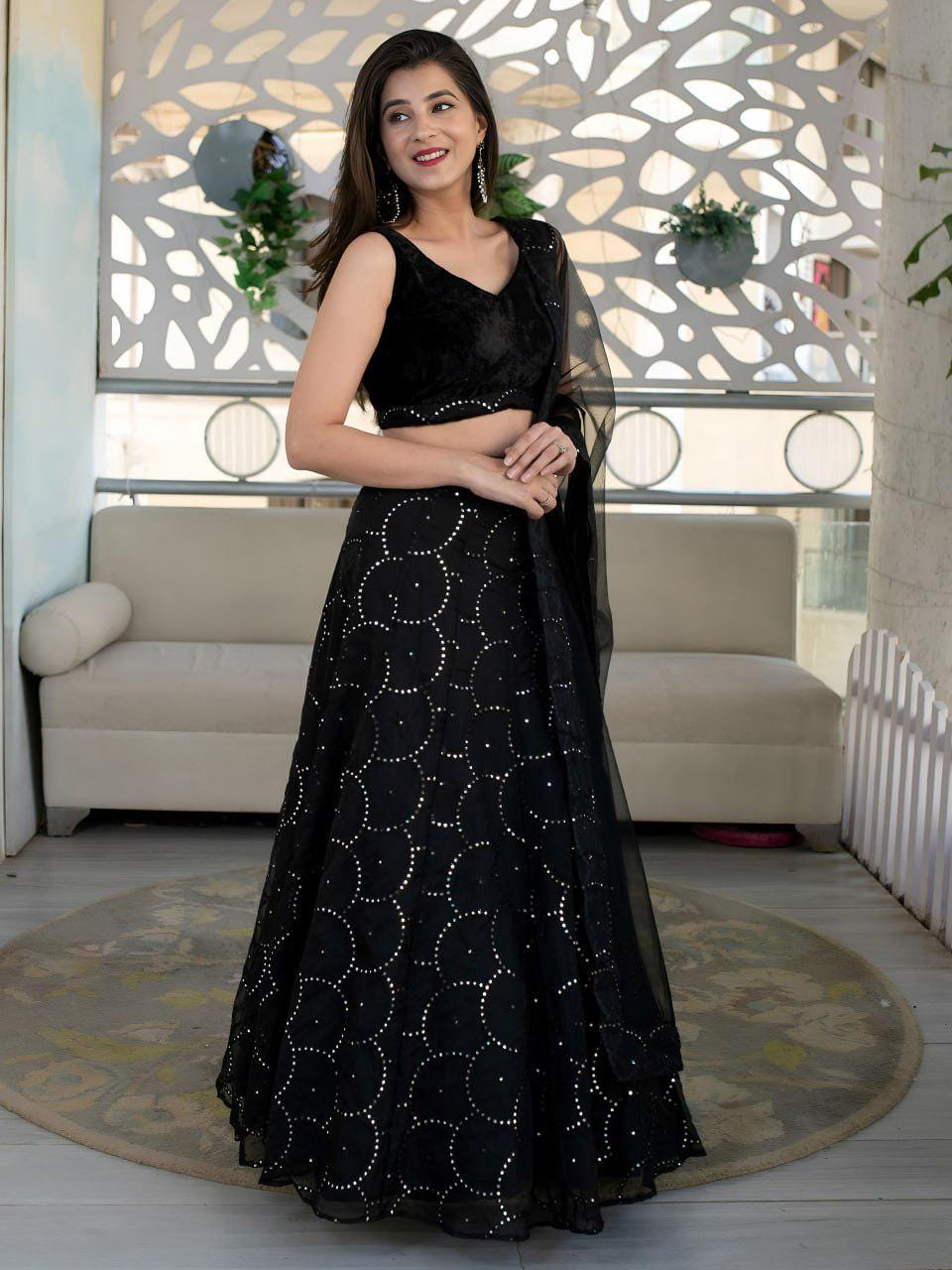 Black Organza Lehenga Choli, Velvet Blouse, Sequins Embroidery Wedding Outfit