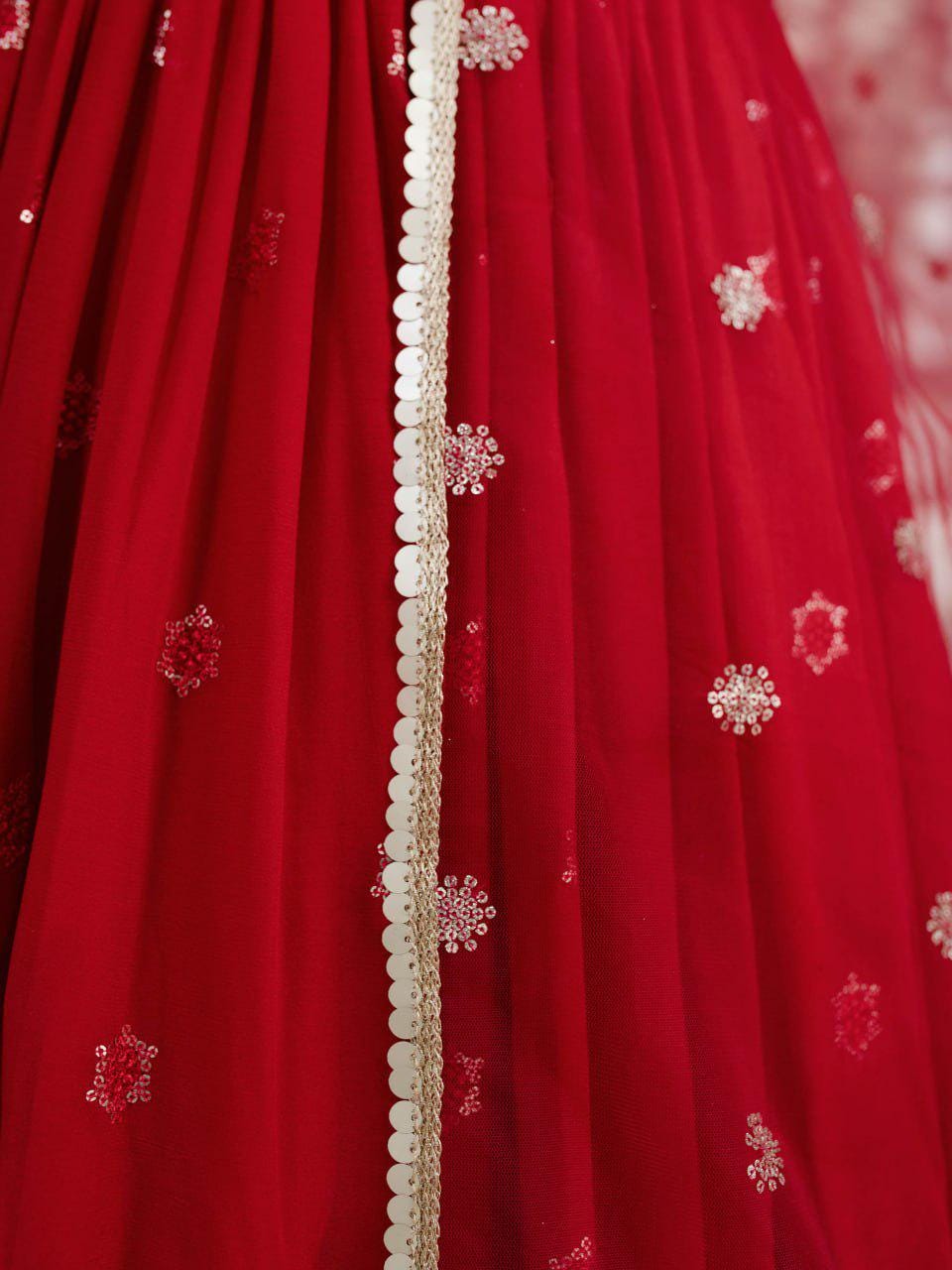 Red Organza Lehenga Choli, Velvet Blouse, Sequins Embroidery Wedding Outfit