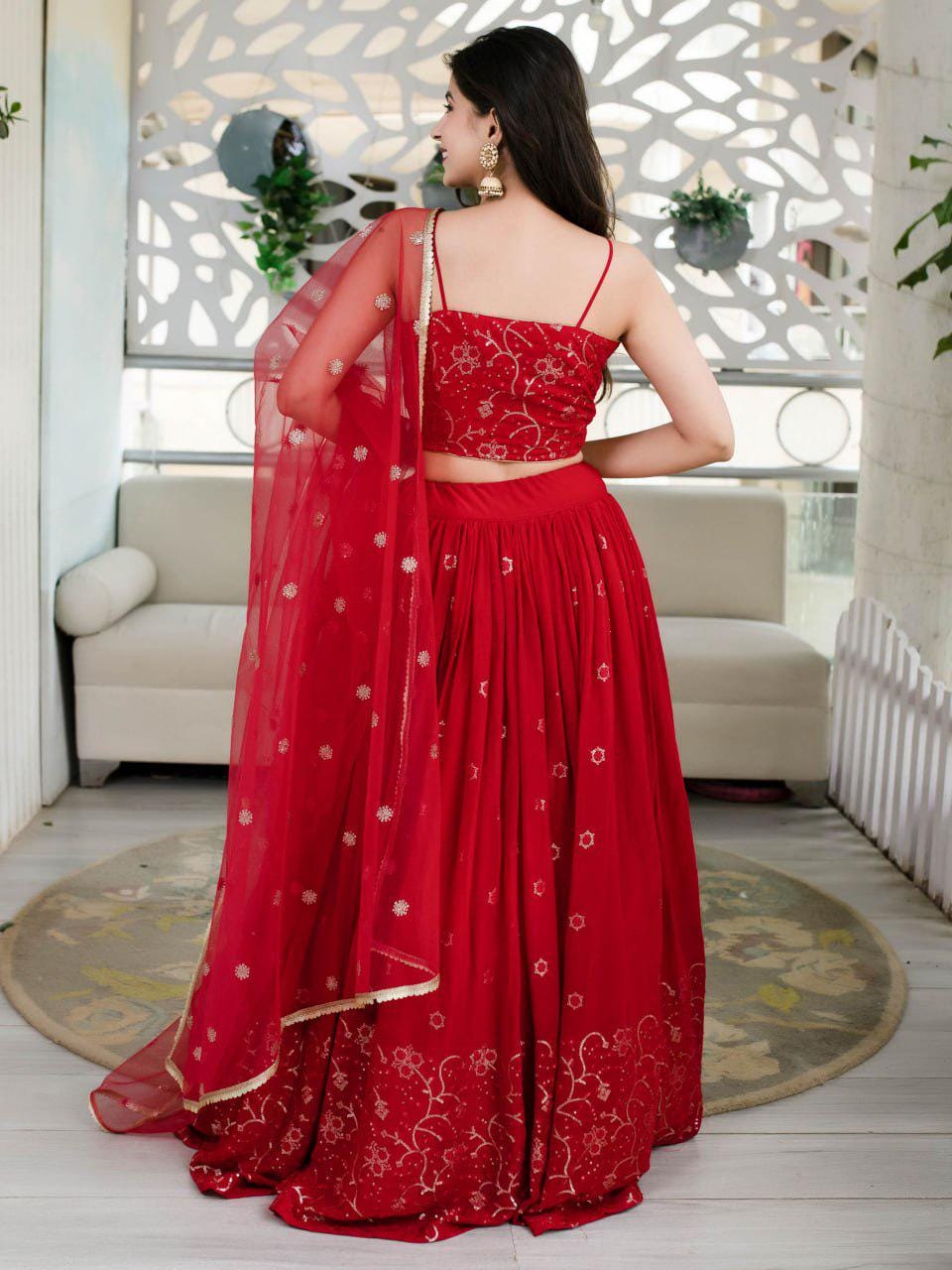 Red Organza Lehenga Choli, Velvet Blouse, Sequins Embroidery Wedding Outfit