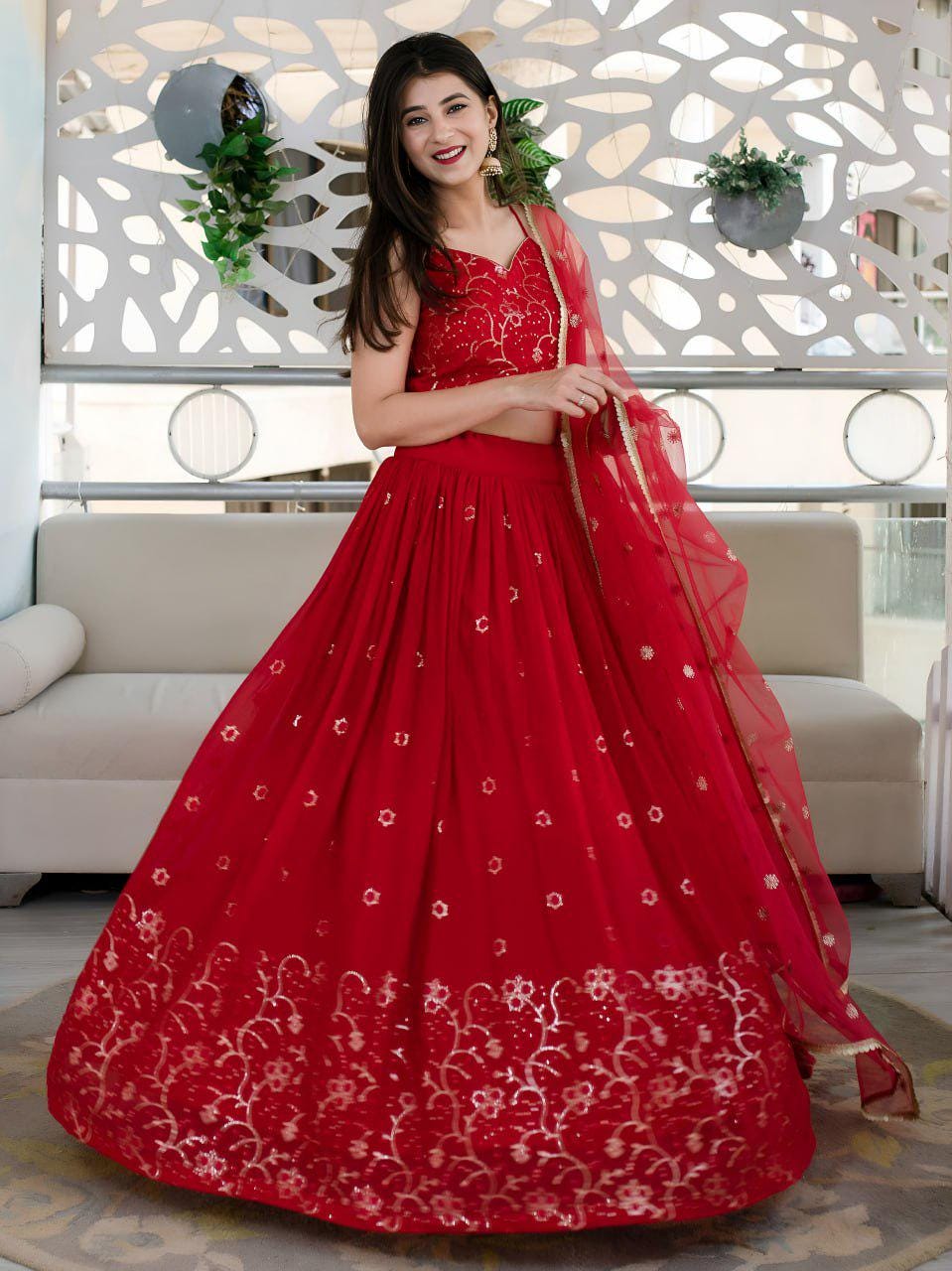 Red Organza Lehenga Choli, Velvet Blouse, Sequins Embroidery Wedding Outfit