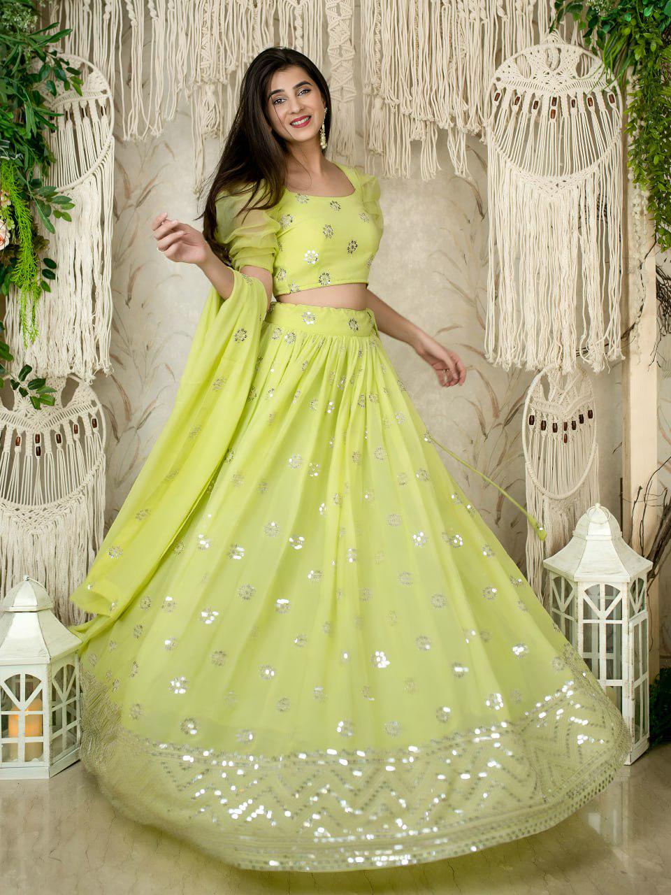 Lime Green Georgette Lehenga Choli, Sequins Zari Embroidery, Puff Sleeve Blouse, Net Dupatta