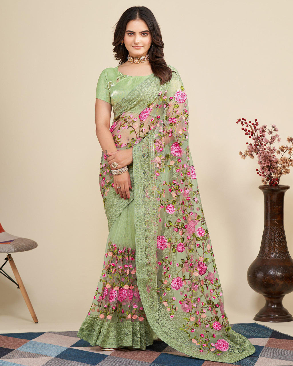 Soft Net Saree with Chikankari Embroidery, Wedding Festive Party Wear (Unstitched Blouse)